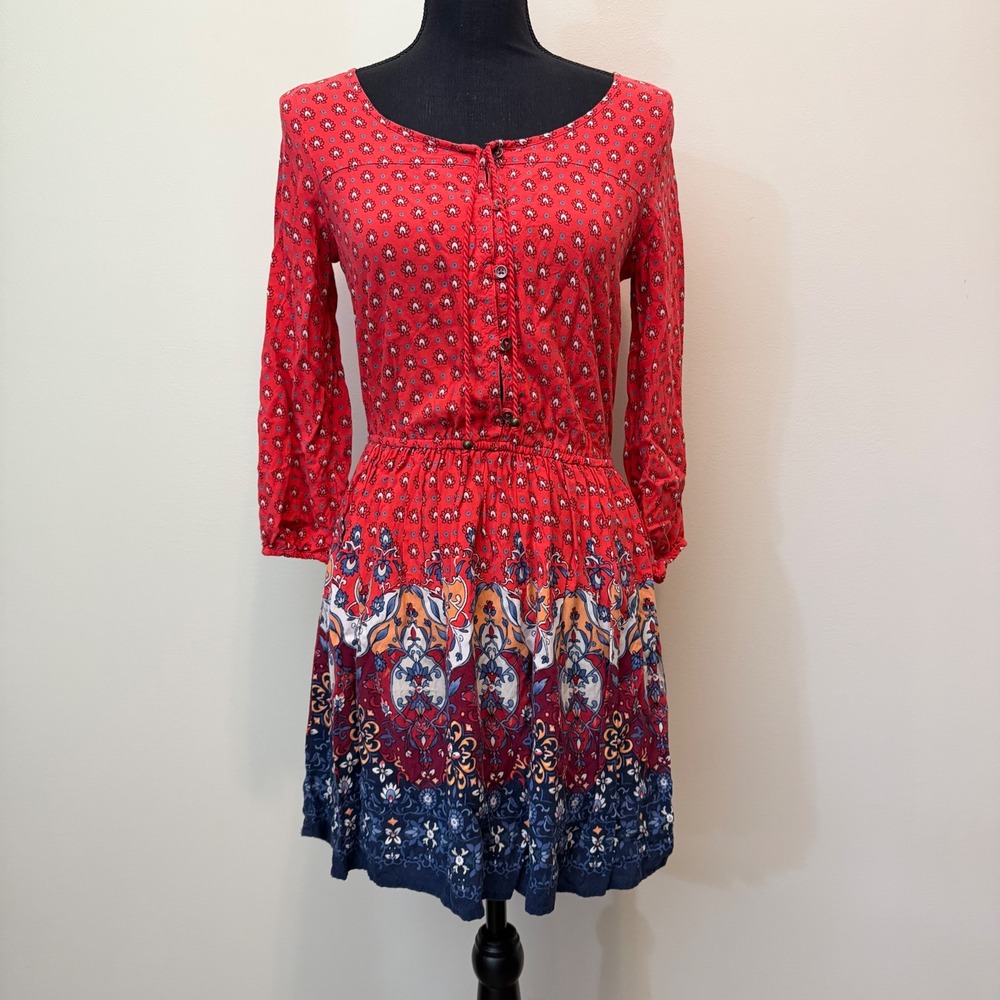 Hollister Women S Mini Dress Boho Cinch Waist Red Keyhole 3/4 Sleeve Sundress